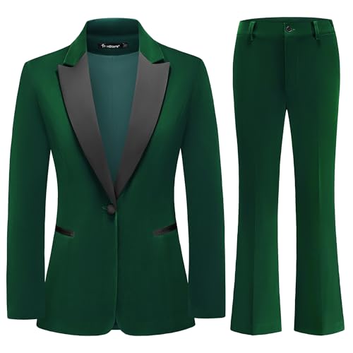 Women's Velvet Suit 2 Piece Set Satin Peaked Lapel Blazer Outfits for Women Wedding Party Business-Green 3XL