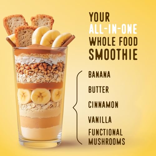 Image of FlavCity Banana Bread Protein Shake Powder, All in One Smoothie + Collagen Peptides, Reishi & Cordyceps - Focus, Skin, Hair & Joint Support - 100% Grass Fed Whey & Real Bananas, 20 Servings