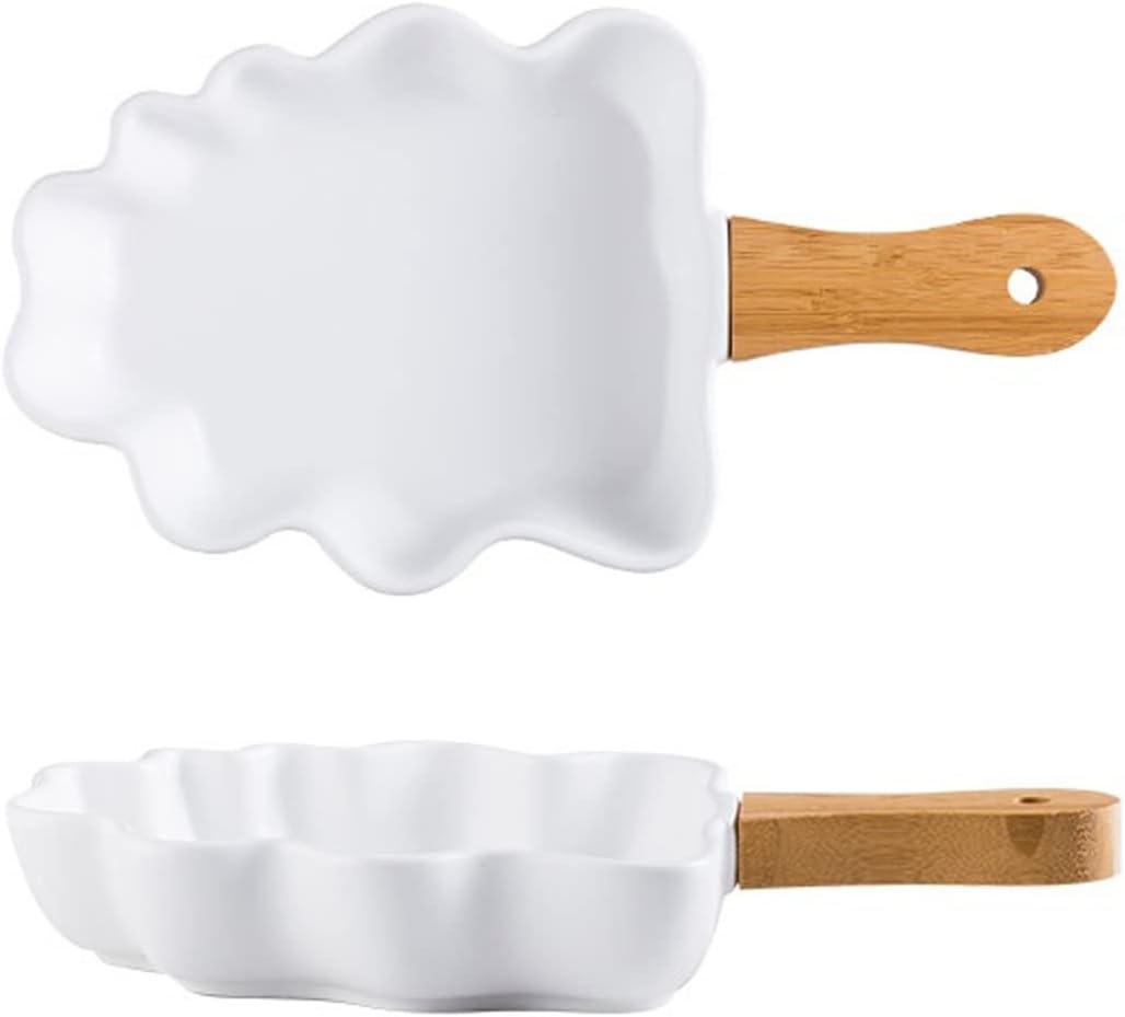Baking Dish 2 Pcs Ceramic Baking Dish Creative Tree Plates with Wooden Handle Large Salad Snack Dessert Dishes Baking Bowl Kitchen Tableware Bakeware (Color : Green) (White)