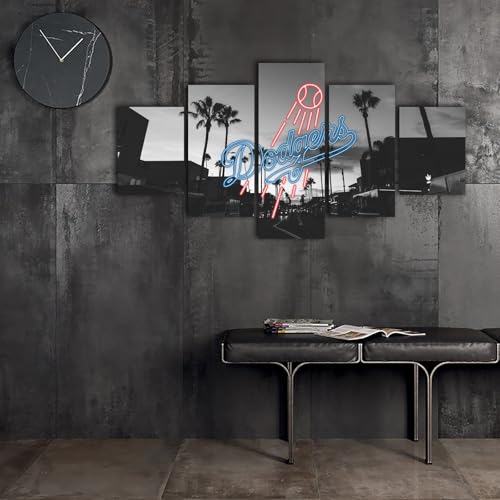 Neon effect Dodgers Sign With Los Angeles California B&#038;W Photography Poster (5-Panel Framed Canvas Printing Full Size: 60x100cm) Home Decor Man Cave Wall Art