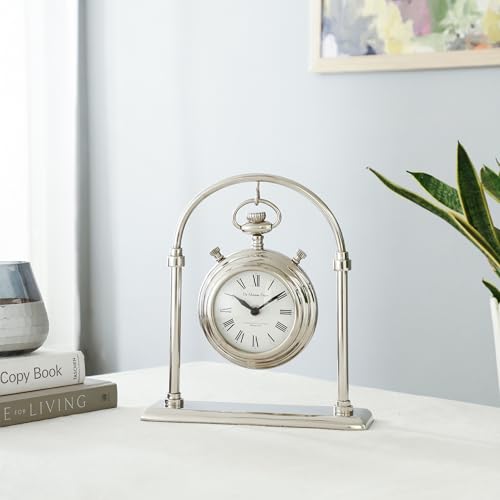 Image of Decor de Maison Handcrafted Archway Timepiece Table Clock for Kids Room, Living Room, Bedroom | Classic Non-Ticking Tabletop Battery Operated Analog Desk Clock in Silver (25x6.5x28cm)