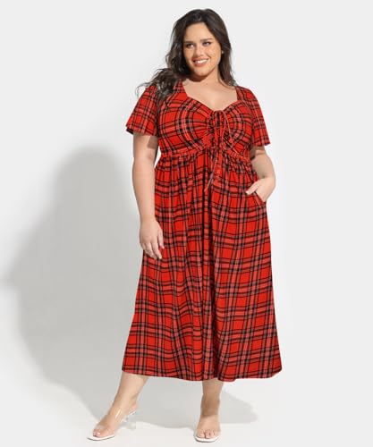 Image of CARCOS Plus Size Dresses for Curvy Women Tie Sweetheart Neck Summer Maxi Dress Short Sleeve Empire Waist Floral Boho Dress