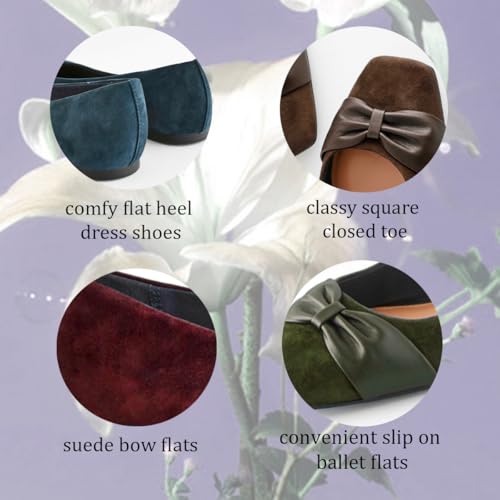Women Square Toe Ballet Flats with Bow Slip On Suede Flats Shoes Closed Toe Ballerina Flats Bow-tie Comfortable Matte Flat Heel Dress Shoes Office Work Flats Daily Driving Club Cute 4-11 M US2
