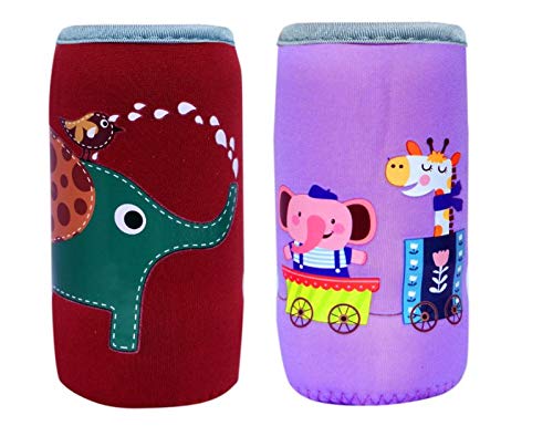 The Cheeky Kidzz Soft Reusable Baby Feeding Bottle Cover Sleeve Animal Printed Suitable for 120ml 150ml 220ml 240ml Slim Neck Milk Feeder Bottles(Pack of 2) (Zebra,Elephant)