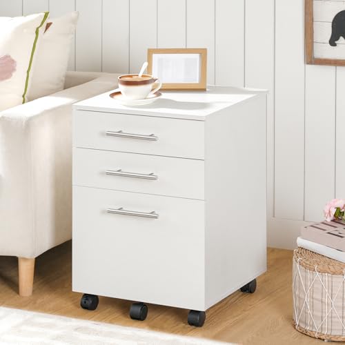 Image of HOOBRO 3-Drawer File Cabinet, Wooden Under Desk Filing Cabinet, fits A4 /Letter Size for Home Office, Small Rolling Storage Drawer Chest, Printer Stand with Drawers, White WW02WJ01G1