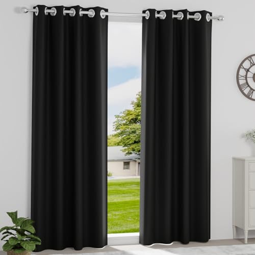 Image of Wakefit Solid Blackout Door Curtains 7 Feet | Set of 2 | Upto 99% Room Darkening Faux Silk Drapes | Thermal Insulated & Noise Reducing Curtains for Living Room & Home Decor | Black
