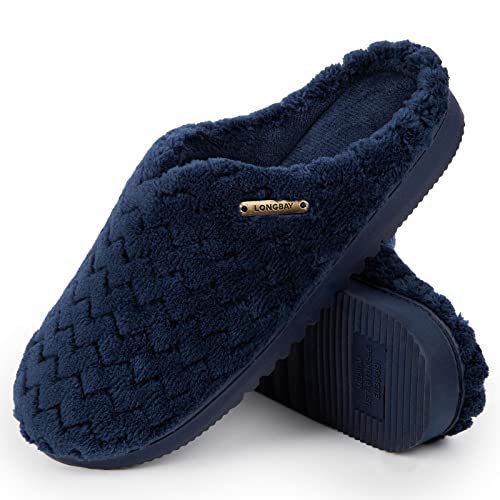 LongBay Women’s Soft Flannel Memory Foam Slippers Slip on House Shoes Indoor Outdoor（5-6， Navy Blue）