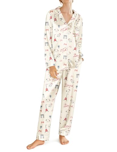 Ekouaer Silk Satin Pajamas for Women Teddy Bear Pjs Set Button Down Long Sleeve Loungewear Cute Sleepwear S-XXL