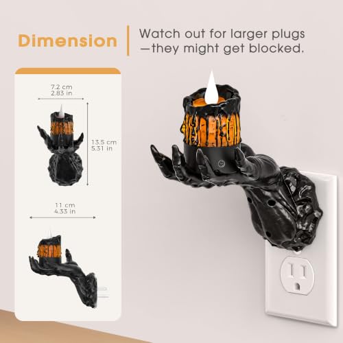 Image of Briignite Halloween Night Light, Gothic Hand Candle Night Light, Amber | Spooky night lights plug into wall with flickering flame, dimmable, 2 light modes /flame modes for Halloween decor and parties