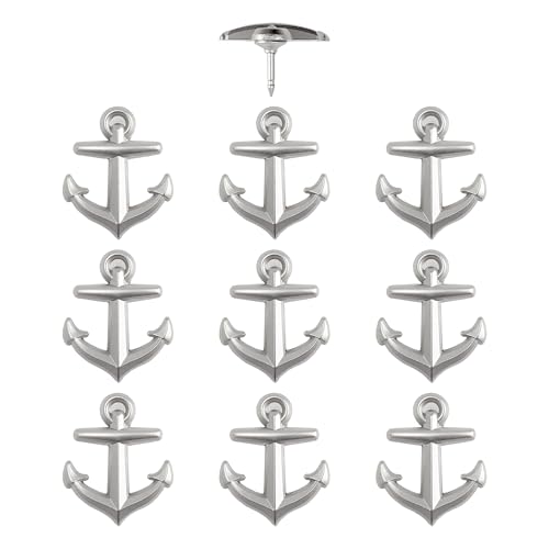 Image of Anchor Push Pins - Silver Metal Anchor Pins - for Cork Board, Maps, or Lapel Pin Use - Designed in USA - Set of 10