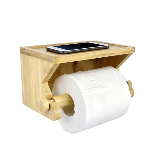 Bamboo Wall-Mount Paper Towel Holder with Phone Shelf
