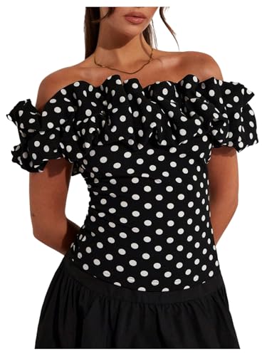 GORGLITTER Women's Polka Dots Off The Shoulder Tops Ruffle Trim Short Sleeve Slim Fit Elegant Vintage Tee Top Black and White Large