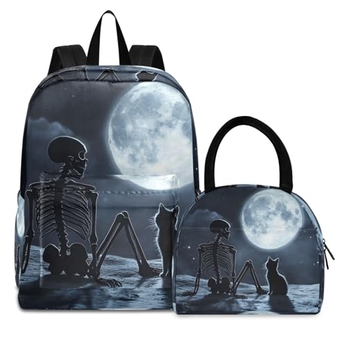 Backpack Lunch Bag Set Moon Skull Cat Print, Big Storage Travel Backpacks with Insulated Lunch Box for Office Hiking Picnic - Main Image