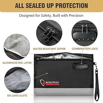 ROLOWAY 6400F Fireproof Money Bag with Lock for Cash(12.2 x 8.5 x 1.6 inches) and 5200F Fireproof Document Bag with Lock (17 x 12.3 x 5.3 inches)