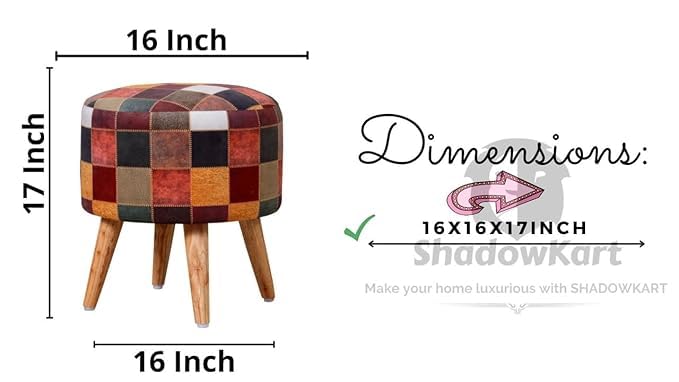 Image of Ottoman for Living Room, Velvet Round Foot Rest Stool, Wooden Legs Chair for Sitting, Ottoman for Bedroom & Makeup Room Decor | Chair (18 inchx18 inchx32 inch), Puffy (16 inchx16 inchx17 inch) | (Multi Box)