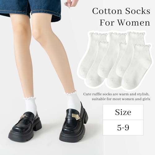 Sunm Boutique Ruffle Socks Woman, White Cute Womens Crew Frilly Socks Cotton Ankle Breathable Size 5-94