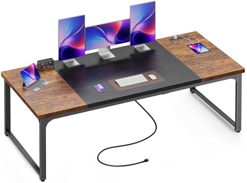 Huuger 71 x 31.5 Inch Desk with Power Outlets & USB-C, 1.2 Inch Thicker Desktop, Robust Metal Tubes, Deep Computer Desk, Heavy Duty Office Desk, Work Desk, Rustic Brown and Black