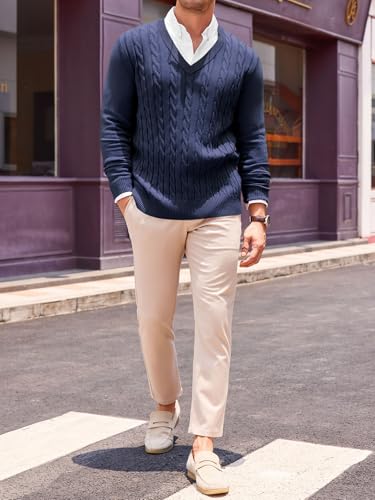 Runcati Mens V Neck Sweater Cable Knit Long Sleeve Casual Ribbed Twisted Pullover Sweaters4