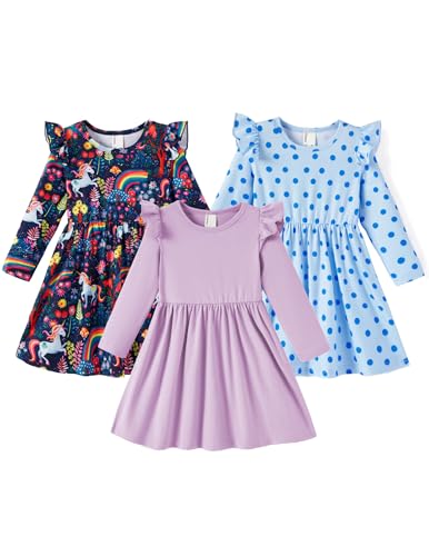 PATPAT Toddler Unicorn Dress Set – 3-Pack Flutter Sleeve Dresses