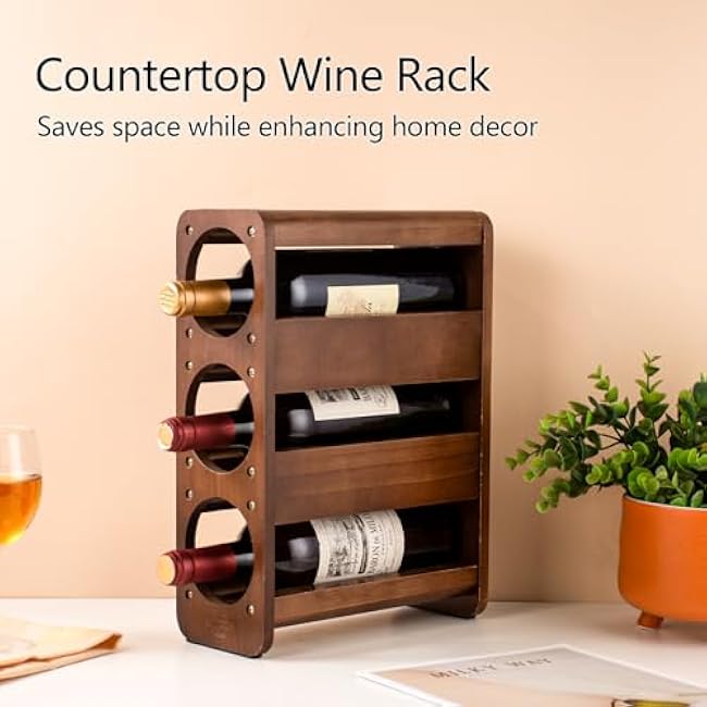 Wine Rack Countertop Pine Wood Wine Bottle Holder, 3 Bottles Wine Rack for Inside Cabinet, Pantry, Kitchen Bar, Wine Holder Shelf Vertical Wine Storage Perfect for Home Decor Housewarming Gifts