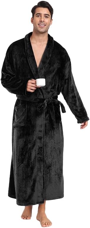 Mens Fleece Robe Soft Plush Collar Shawl Bathrobe Lightweight Long Bath Shower with Belt & 2 Pockets - Image 2