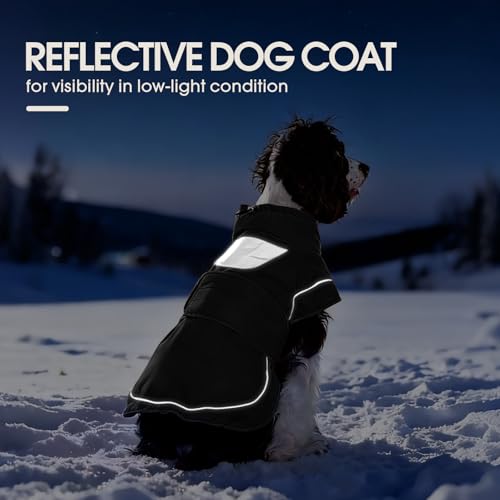 Kuoser Hundemantel Hundejacke, Wasserdichter Wintermantel für Hunde, Verstellbarer Kragen mit Kordelzug, Reflektierend & Sicher, Schwarz XL