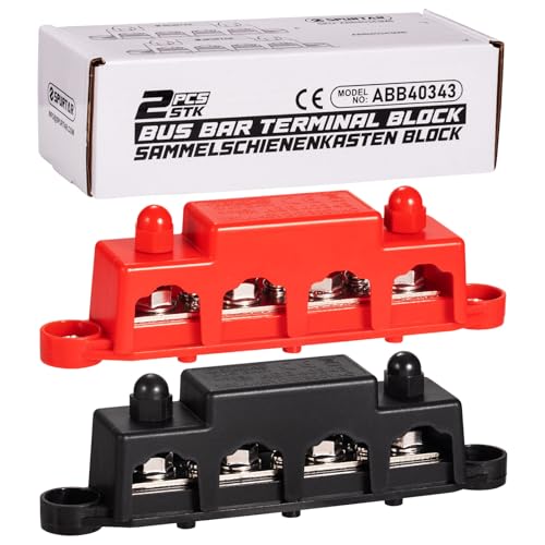 Spurtar Bloque de Distribución de Energía de Barra Colectora con 4x M8 Pernos y 3x M4 Tornillos 12V–48V 250A para Coche, Barco, RV – 2 Piezas Rojo y Negro