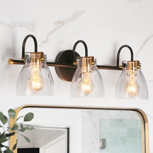 Image of KSANA Bathroom Light Fixtures, 3 Light Black and Gold Vanity Lights for Bathroom with Clear Cracked Glass Shade, 22.4'' Modern Brass Bathroom Lights Over Mirror
