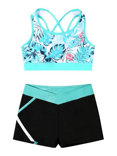 Kids Girls Dance Gymnastic Outfit Sleeveless U Neck Crop Top With Shorts Set Sport Training Dancewear Leaf 14 Years3