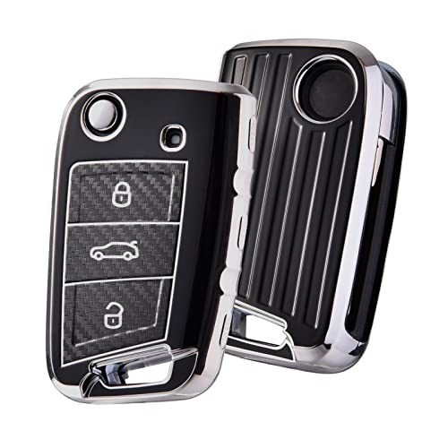 OATSBASF Autoschlüssel Hülle kompatibel mit VW Golf 7, Schlüssel Hülle Kompatibel für VW Schlüsselhülle, Schlüsselbox Cover für VW Polo, Skoda, Tiguan, MK7 3-Tasten (C-Schwarz)