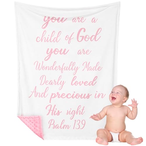 Image of Rtteri Christian Baby Gifts Plush Baby Blanket with Dotted Backing First Communion Gift Baptism Blanket Scripture Swaddle Bible Verse for Newborn Boy Girl Christening Godchild Gift(Pink and White)