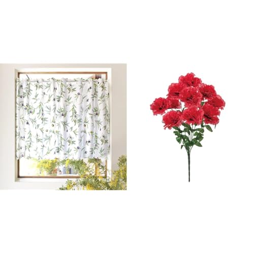 【母の日セット品】ラミネートタイプ カフェカーテン (70cm×100cm) オリーブツリー W4001910 【STYLE Decor】 +東京堂(Tokyodo) マリーカーネーションブッシュ セット