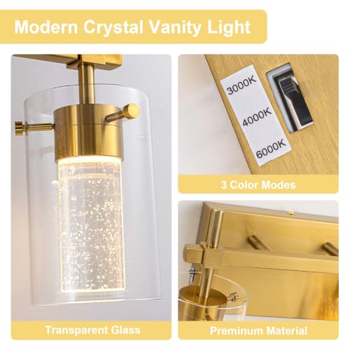 Image of 2-Light Gold Vanity Light with 3 Color Modes (3000K /4000K /6000K), Eye Protection LED Bathroom Light Fixture, Dimmable Modern Wall Light Over Mirror with Clear Glass Shade