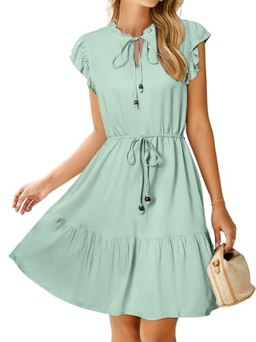 Image of Simplee Womens Summer Dress 2026 Ruffle Short Sleeve Floral Boho Dress V Neck A-line Drawstring Mini Dress with Pockets