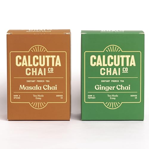 Image of Calcutta Chai Co - Masala Chai | Ginger Chai | Instant Tea Premixes | 30 Sachets | 420g | Pack of 2 | Made With Assam Tea | Added Natural Spices | Low Sugar