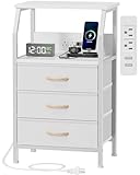 Furnulem Night Stand with Charging Station, 28.3 Inch Tall Bedside Table with PVC Drawers, End Table with USB Ports and Outlets, 3 Fabric Drawer Storage Nightstand for Bedroom, 3 Ways to Use, White
