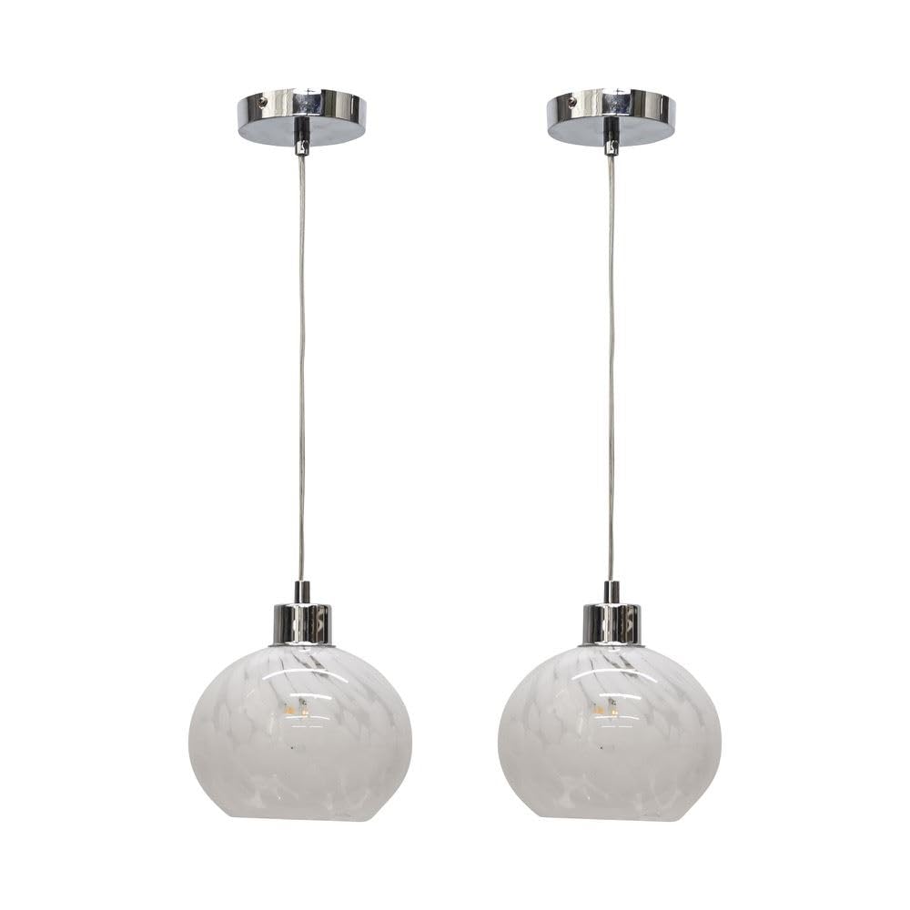 Set of 2 Confetti Glass Globe Pendant Lights - Chrome Pendant Fittings - Height Adjustable - Dimmable - Silver