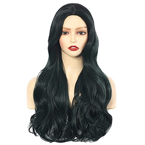 VOKEYLA Dark Green Long Wavy Wig for Women Synthetic Body Wave Wig 24 Inch Middle Part Natural Looking Wig (Color:Ombre Dark Forest Green)