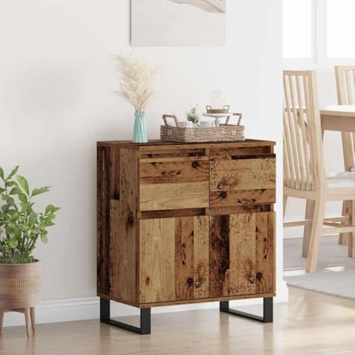 Yunovire Aparador con aspecto de madera envejecida, 60 x 35 x 70 cm, madera compuesta, patas de hierro, con cajón, 2 puertas, espacio de almacenamiento para salón, comedor, pasillo, muebles modernos