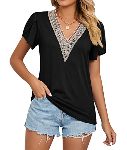 Cap Sleeve Summer Tops for Women Trendy Floral Print Casual V Neck T Shirts Petal Sleeve Blouses