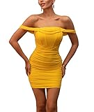 xxxiticat Women's Off Shoulder Ruched Mesh Dress Sleeveless Mesh Sheer Club Party Shapewear Bodycon Corset Mini Dresses(YE,M) Yellow