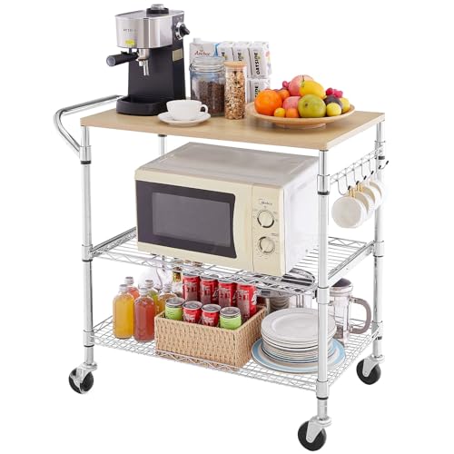 3 Tier Rolling Kitchen Cart with Wood Tabletop, Kitchen Island Carts with Wheels & Slider Shelf, Microwave Cart on Wheels, Coffee Cart with Hooks, 35.4" L*18.1" W*31.9" H，Wood+Chrome - Thumbnail 2