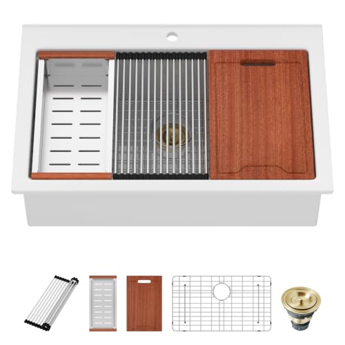 GhomeG 33 White Kitchen Sink Workstation Drop In Ceramic Single Bowl Sink by GHOMEG - Used condition - US$322.99