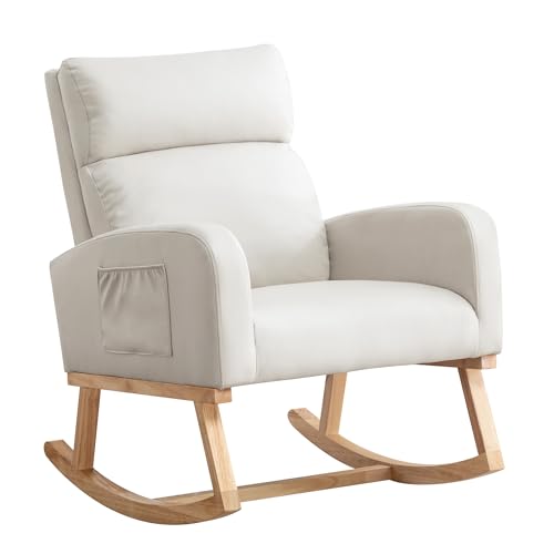 HOMYKA Rocking Chair Nursery, Uplostered Leather Rocker Nursing Chairs with Wood Legs and Side Pocket, Comfortable Glider Roking Chair for Nursery, Living Room, Bedroom, Leather Beige
