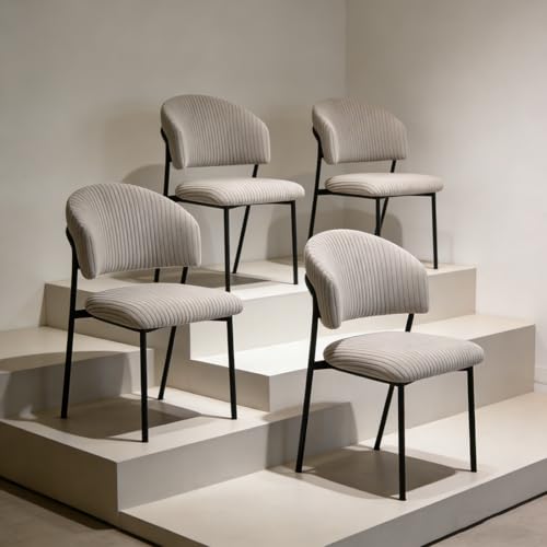 JIEXI Dining Chair Set of 4, Corduroy Upholstered Kitchen Chair with Curved Backrest, Metal Carbon Steel Legs, Non-Slip Foot Pads, 150kg Load Capacity (Grey, 4 Pc)