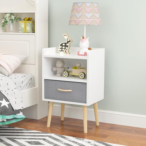 Image of extrasleep White Wooden Nightstand with Fabric Drawer, 2-Tier Modern Storage End Table, 25 inch H Wood Bedside Table with Storage, Small Night Stand for Kids Room Nursery Playroom Bedroom