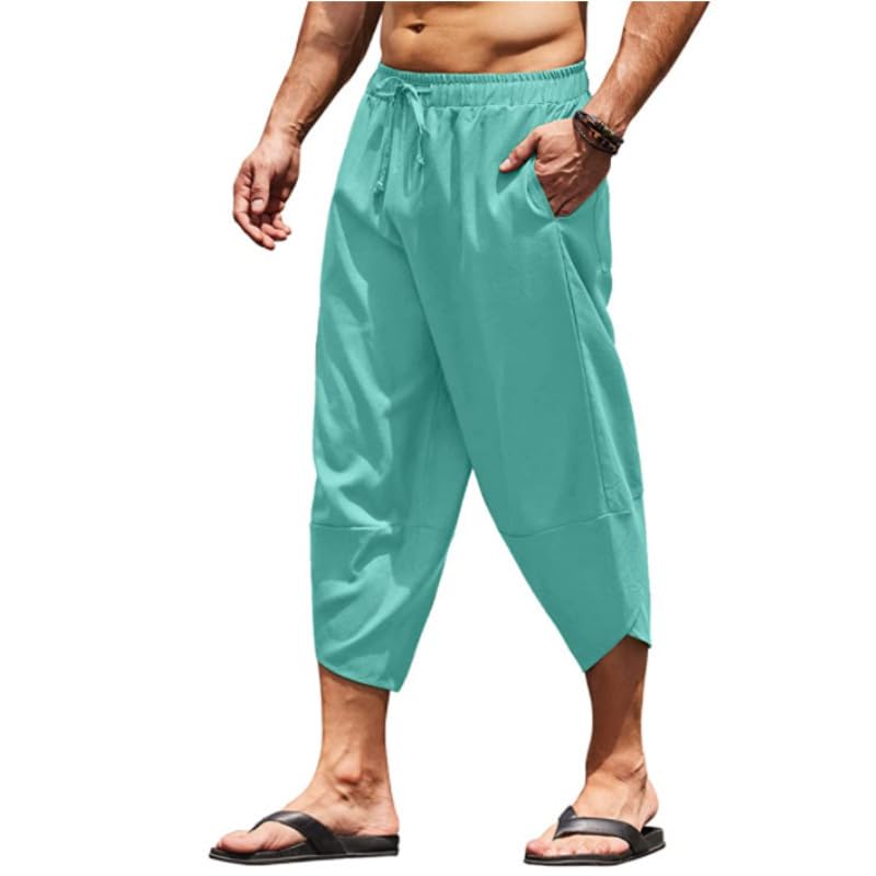 HOTYD Mens Cotton Linen Pants Elastic Drawstring Waist Lightweight Casual Beach Capri Pants Cropped Trousers with Pocket