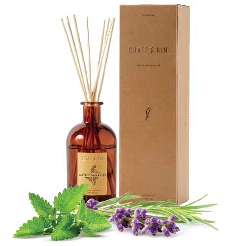 Top 10 Best Reed Diffusers for Bathroom: Freshen Up Today! 10 Craft & Kin Sage, Mint & Lavender Reed Diffuser | All Natural Essential Oil & 8 Rattan Scent Sticks | Reed Diffusers for Home, Bathroom | Long Lasting Home Fragrance in Amber Glass, 5.75oz