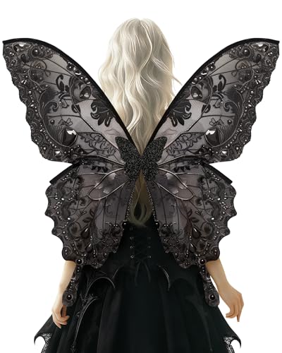 RENEMEGO Black Fairy Wings Adult - Gothic Butterfly Wings Renaissance Renfaire Halloween Costume Party Prom Masquerade Fantasy Dress Up Outfit