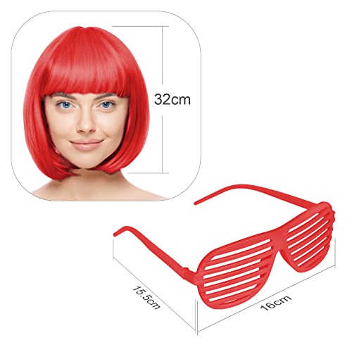 AOMIG Short Bob Wig Set, 4 Pack Neon Fancy Dress Wigs with Bangs, Sunglass and Wig Cap - Image 3